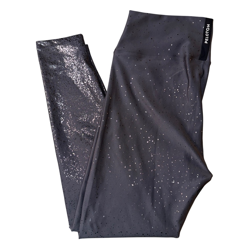 Peloton show up sparkle Leggings XXL Gray Silver Metallic Foil Splatter like new